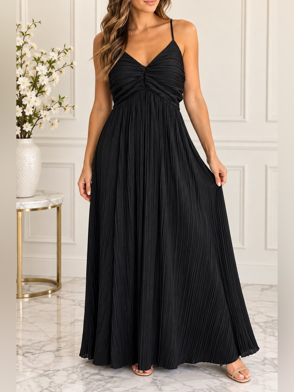 A New Day NWT Black Pleated Ruched Maxi Dress Spaghetti Strap Size L